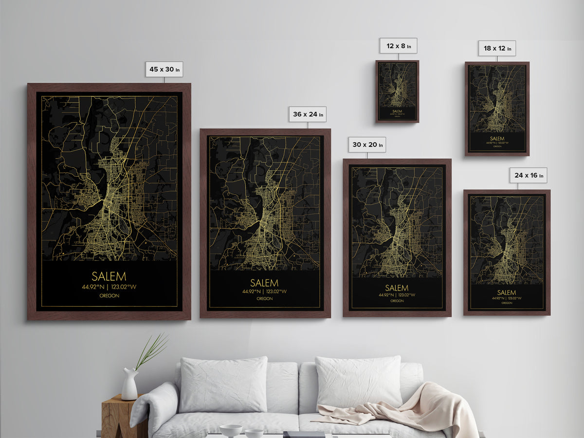 Salem Oregon City street map, Metallic Gold Print, Metal Art, wood framed map, black and gold, Street Map Art, Office Decor