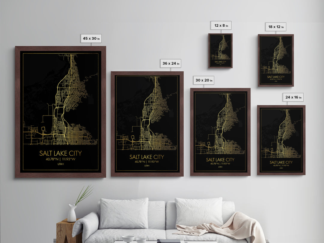 Salt Lake City Utah City Poster, Metallic Gold Art, Metal Art, real wood frames, black and gold, Map Art, Best Friend Gifts