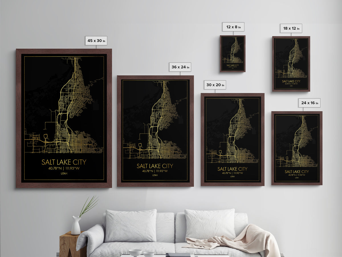 Salt Lake City Utah City Poster, Metallic Gold Art, Metal Art, real wood frames, black and gold, Map Art, Best Friend Gifts