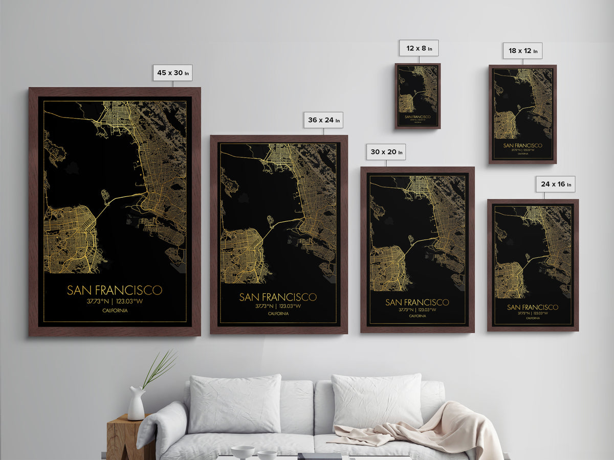 San Francisco California City Poster, Metallic Gold Art, Metal Art, real wood frames, black and gold, Gold Street Map Art, Best Friend Gifts