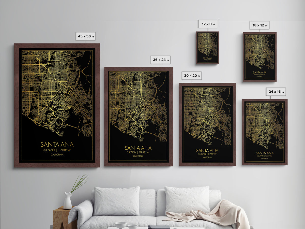 Santa Ana California City Poster, Metallic Gold Art, Metal Art, real wood frames, black and gold, Street Map Art, Modern House Art
