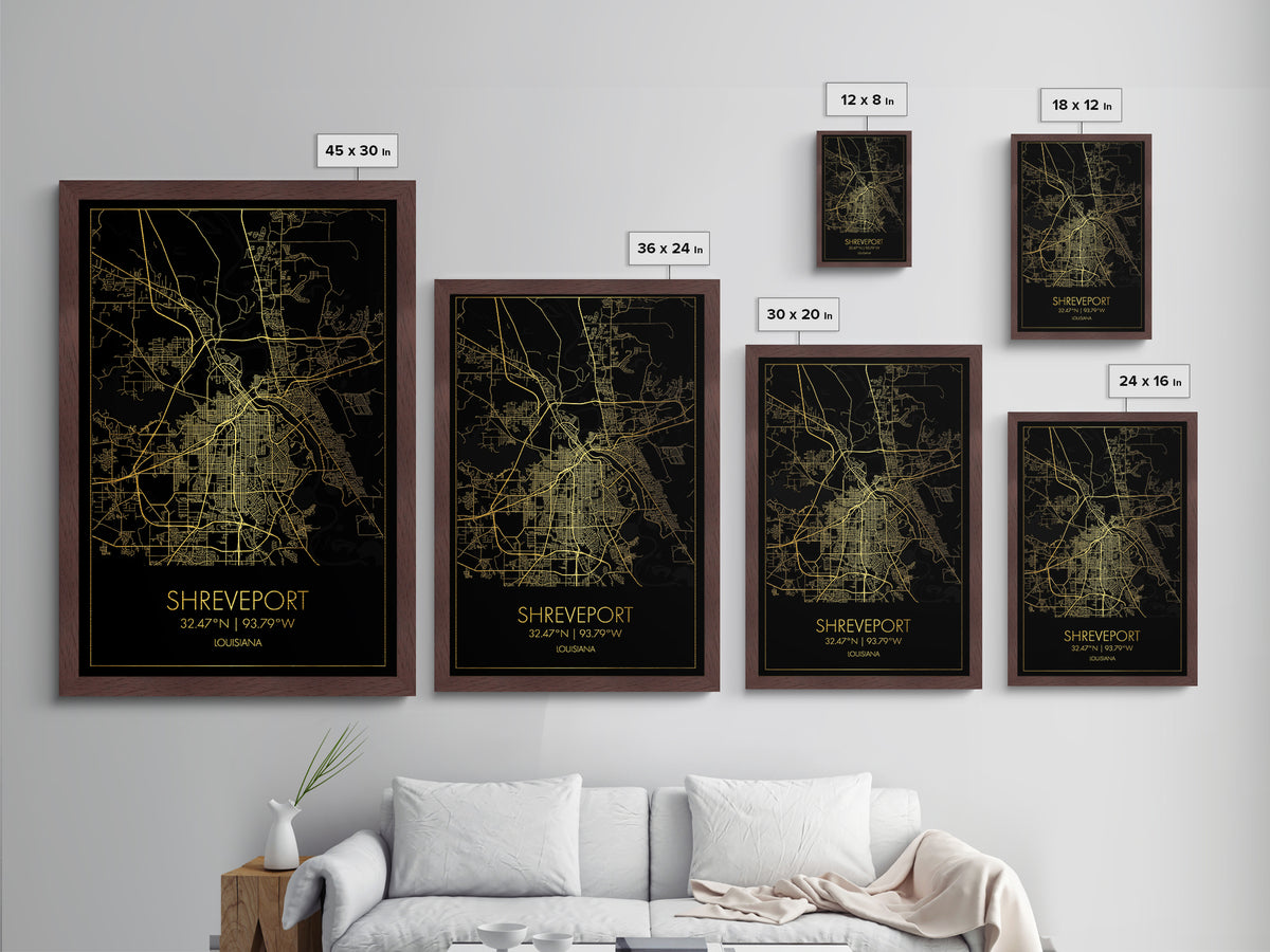 Shreveport Louisiana City Poster, Metallic Gold Art, Metal Art, real wood frames, black and gold, Map Art, Best Friend Gifts