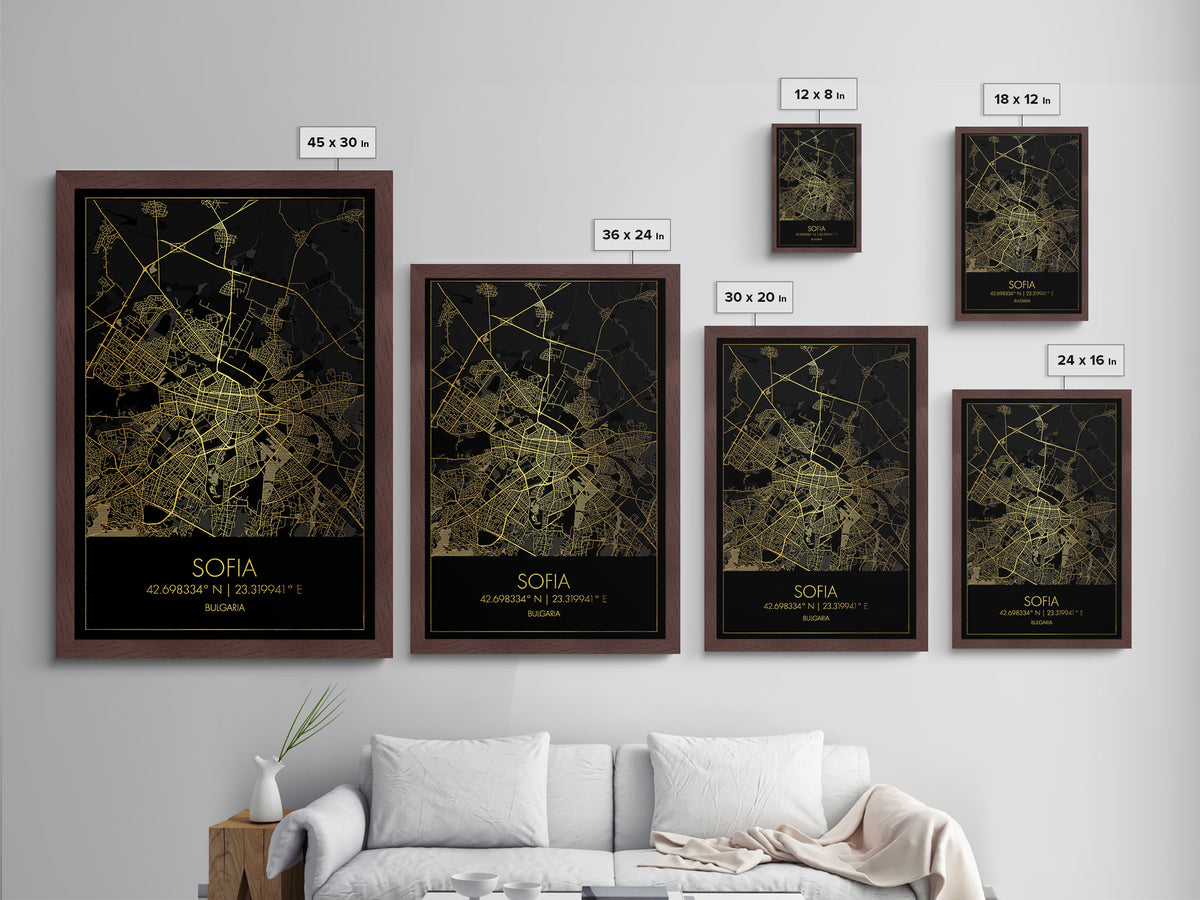 Sofia Bulgaria City street map, Metallic Gold Print, Metal Art, wood framed map, black and gold, Map Art, Housewarming Gift