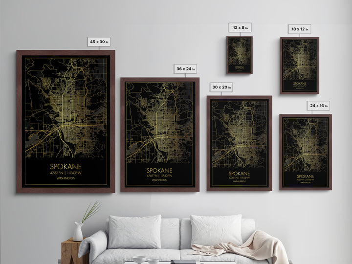 Spokane Washington City Poster, Metallic Gold Art, Metal Art, real wood frames, black and gold, Gold Street Map Art, Best Friend Gifts