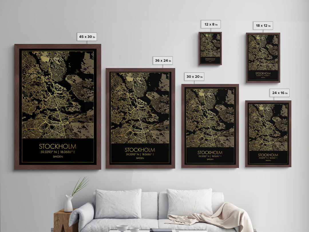 Stockholm Sweden City street map, Metallic Gold Print, Metal Art, wood framed map, black and gold, Gold Street Map Art, Modern Wall Art