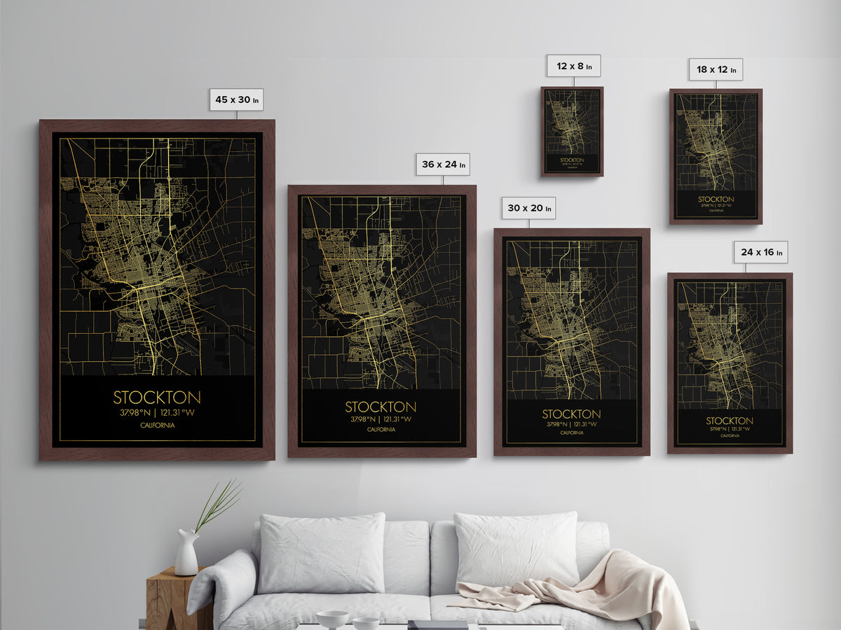 Stockton California City Poster, Metallic Gold Art, Metal Art, real wood frames, black and gold, Minimalist Wall Art, Map Print Poster