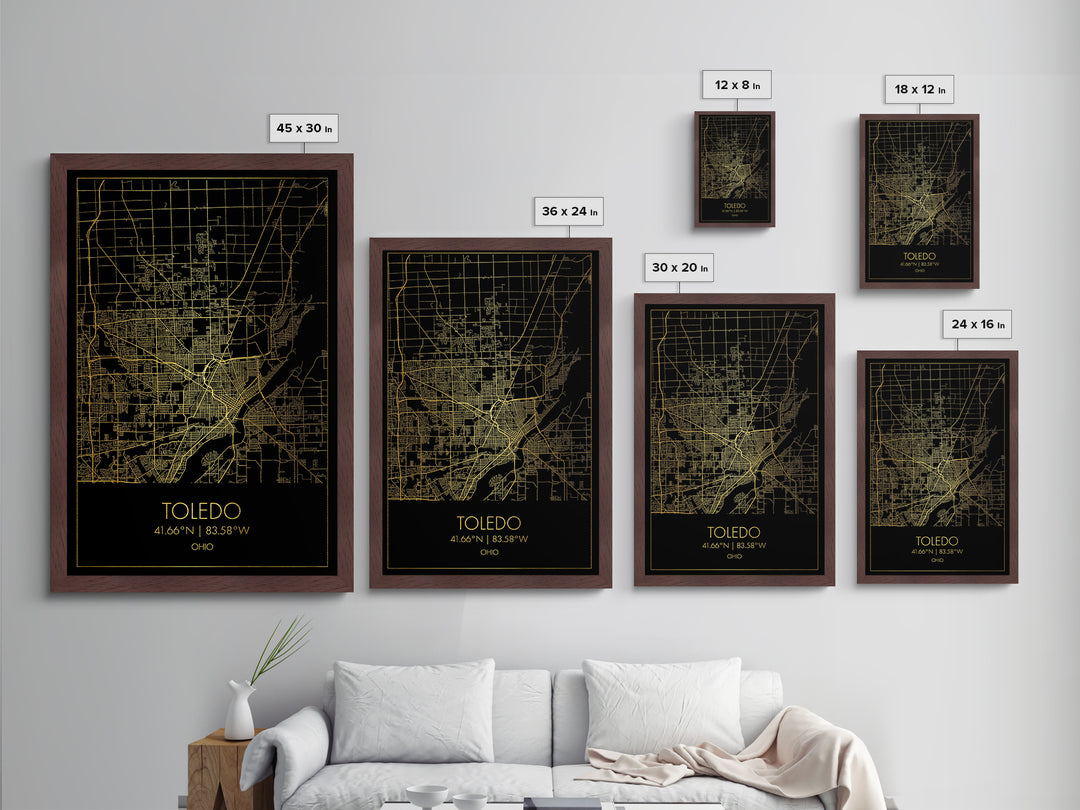 Toledo Ohio City Poster, Metallic Gold Art, Metal Art, real wood frames, black and gold, Street Map Art, Modern House Art