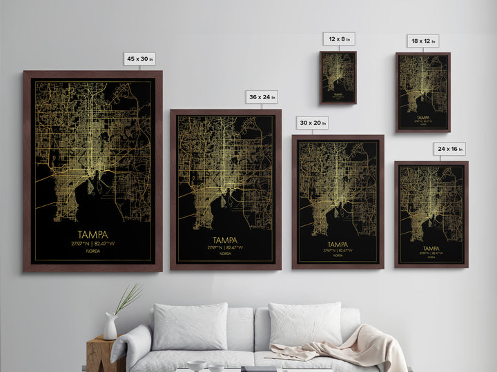 Tampa Florida City Poster, Metallic Gold Art, Metal Art, real wood frames, black and gold, Street Map Wall Art, Closing Gift