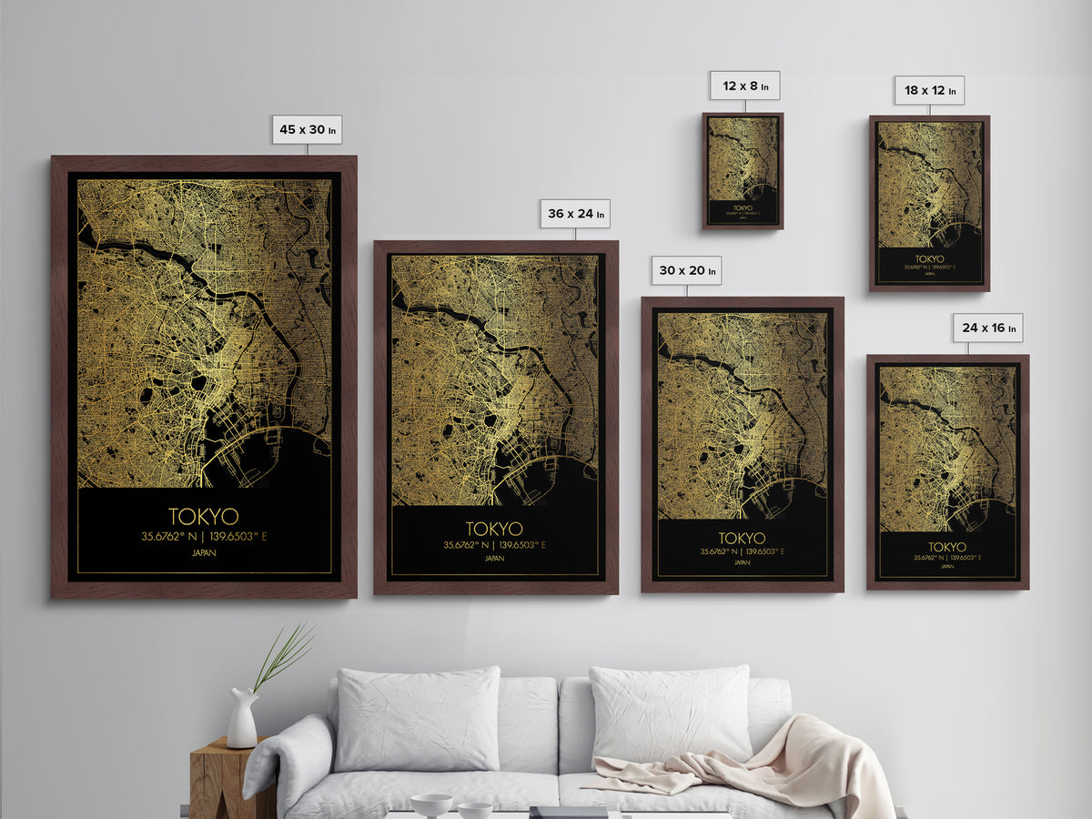 Tokyo Japan City Poster, Metallic Gold Art, Metal Art, real wood frames, black and gold, Gold Street Map Art, Modern Wall Art