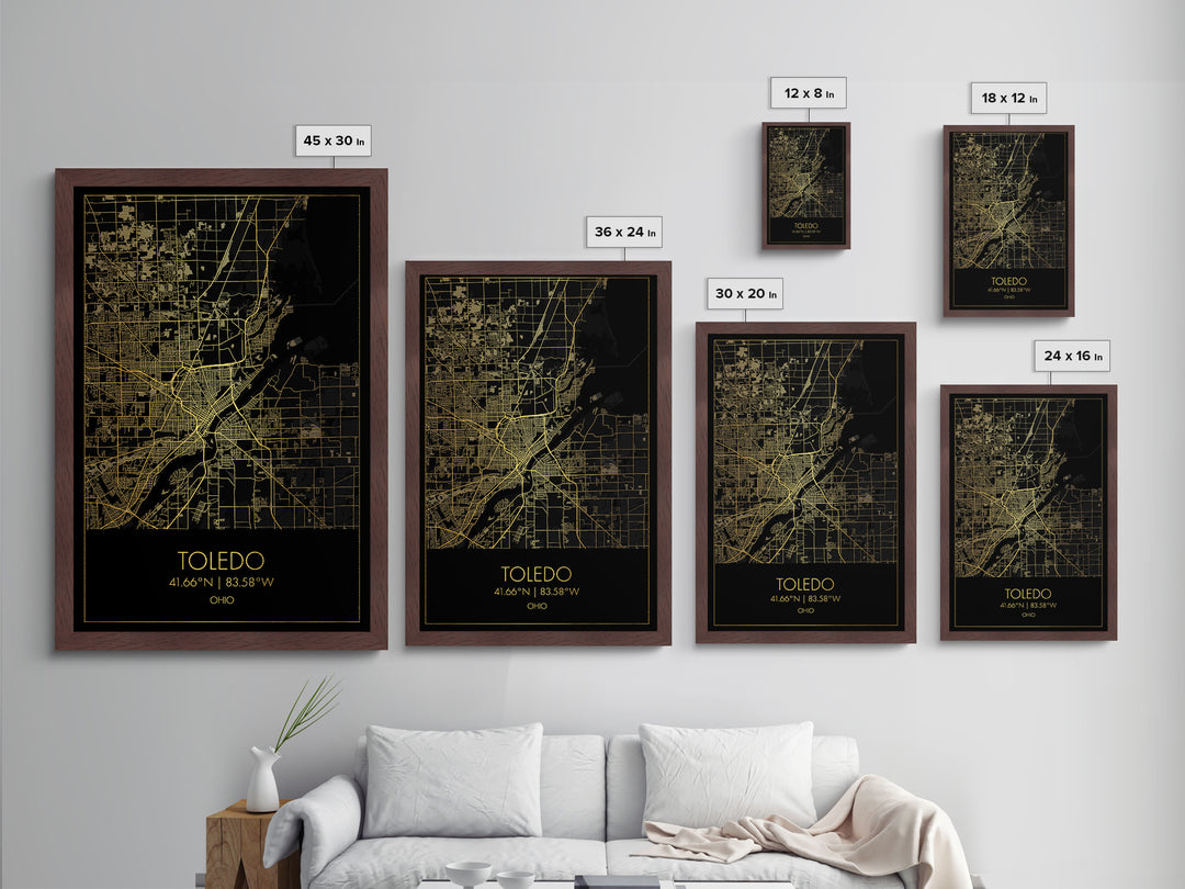 Toledo Ohio City street map, Metallic Gold Print, Metal Art, wood framed map, black and gold, Minimalist Wall Art, College Dorm Décor