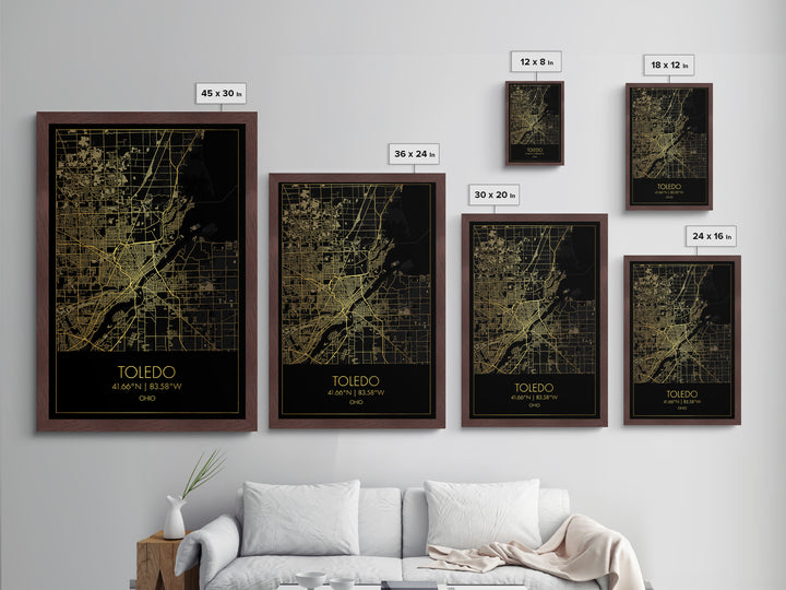 Toledo Ohio City street map, Metallic Gold Print, Metal Art, wood framed map, black and gold, Minimalist Wall Art, College Dorm Décor