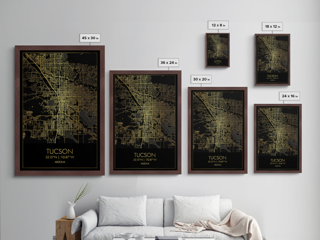 Tucson Arizona City street map, Metallic Gold Print, Metal Art, wood framed map, black and gold, Map Art, Office Decor