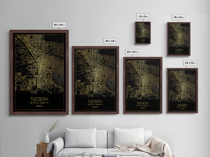 Tucson Arizona City street map, Metallic Gold Print, Metal Art, wood framed map, black and gold, Map Art, Office Decor
