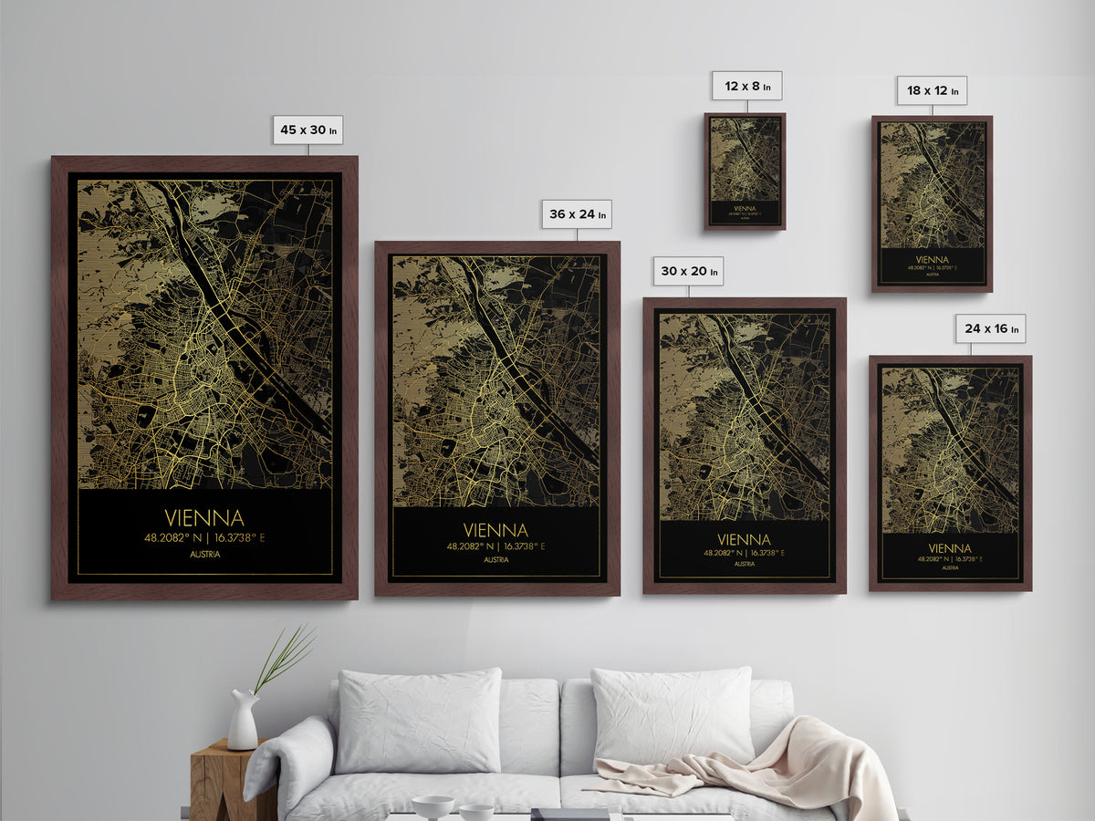 Vienna Austria City street map, Metallic Gold Print, Metal Art, wood framed map, black and gold, Gold Street Map Art, Modern Wall Art