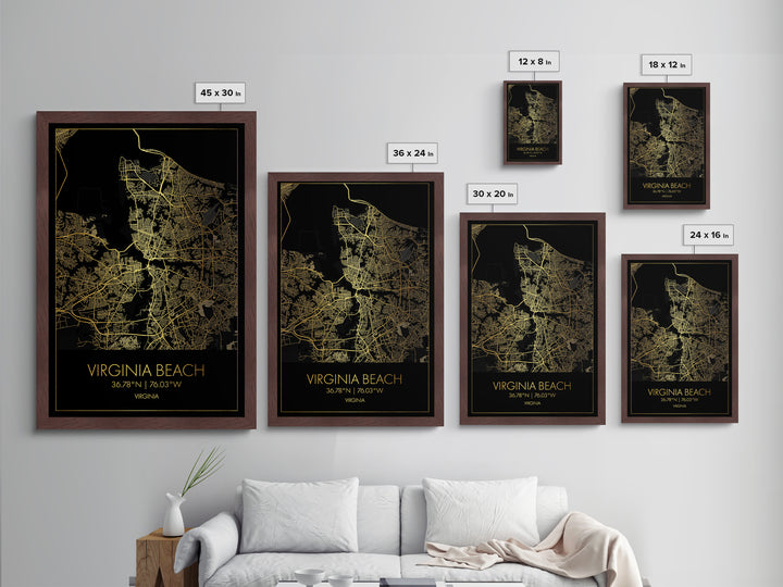 Virginia Beach Virginia City Poster, Metallic Gold Art, Metal Art, real wood frames, black and gold, Minimalist Wall Art, Map Print Poster