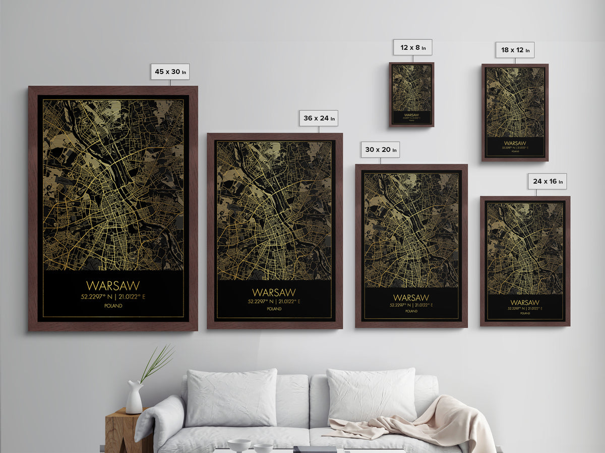 Warsaw Poland City street map, Metallic Gold Print, Metal Art, wood framed map, black and gold, Street Map Art, Office Decor