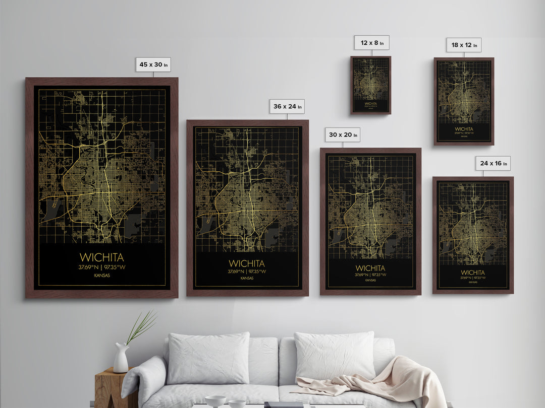 Wichita Kansas City street map, Metallic Gold Print, Metal Art, wood framed map, black and gold, Gold Street Map Art, Modern Wall Art