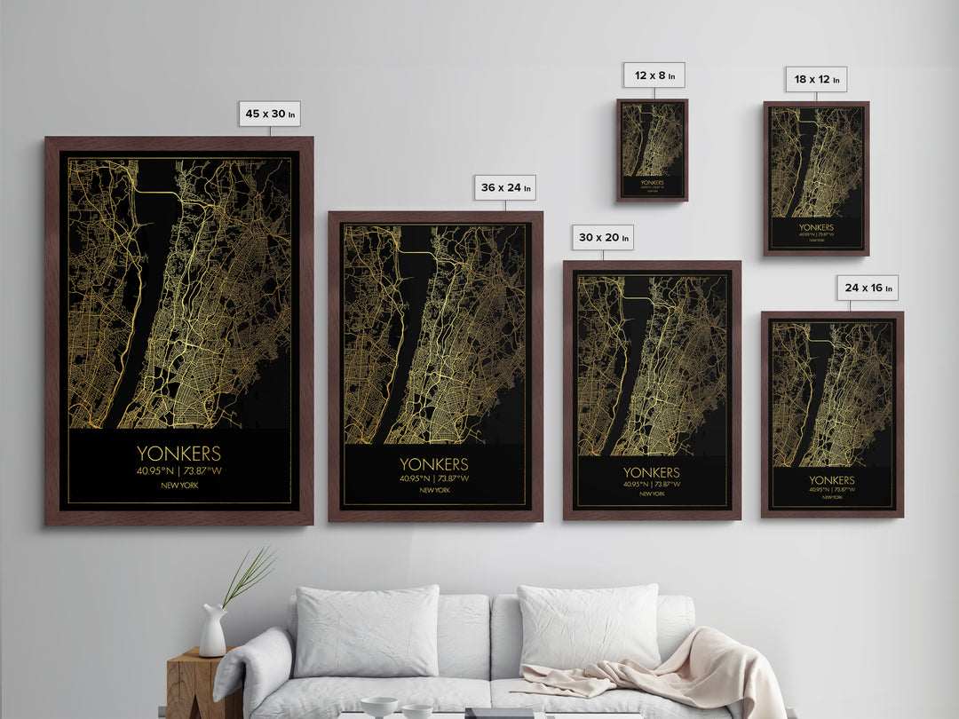 Yonkers New York City Poster, Metallic Gold Art, Metal Art, real wood frames, black and gold, Gold Street Map Art, Best Friend Gifts