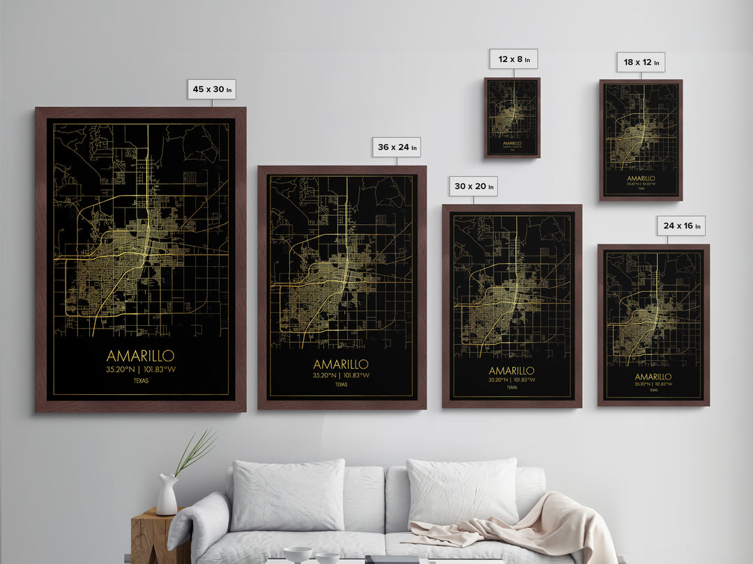 Amarillo Texas City Poster, Metallic Gold Art, Metal Art, real wood frames, black and gold, Map Art, Best Friend Gifts