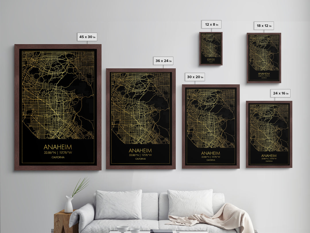 Anaheim California City street map, Metallic Gold Print, Metal Art, wood framed map, black and gold, Gold Street Map Art, Modern Wall Art