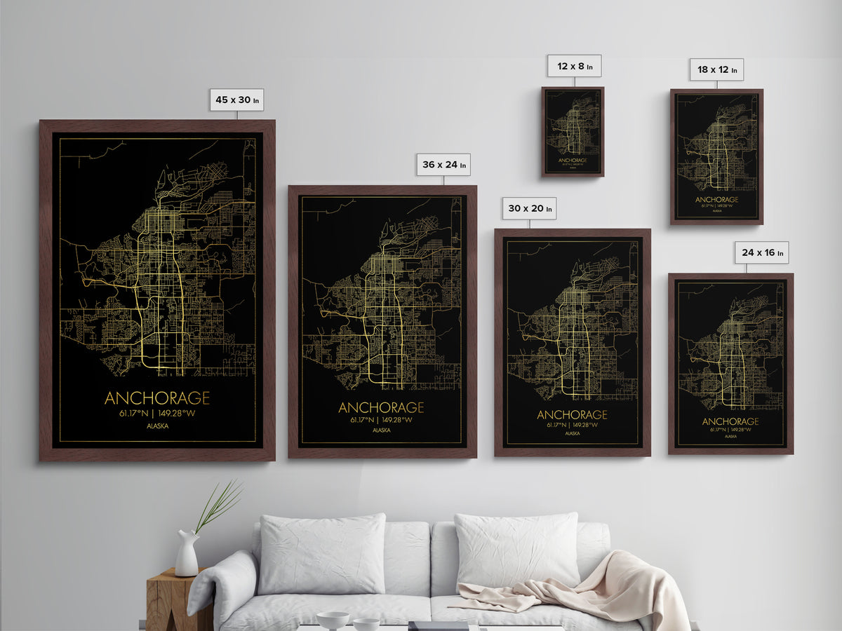Anchorage Alaska City Poster, Metallic Gold Art, Metal Art, real wood frames, black and gold, Minimalist Wall Art, Map Print Poster