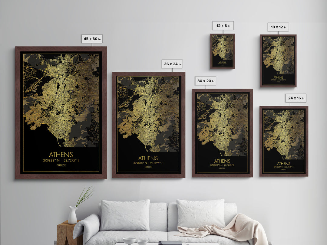 Athens Greece City street map, Metallic Gold Print, Metal Art, wood framed map, black and gold, Gold Street Map Art, Modern Wall Art