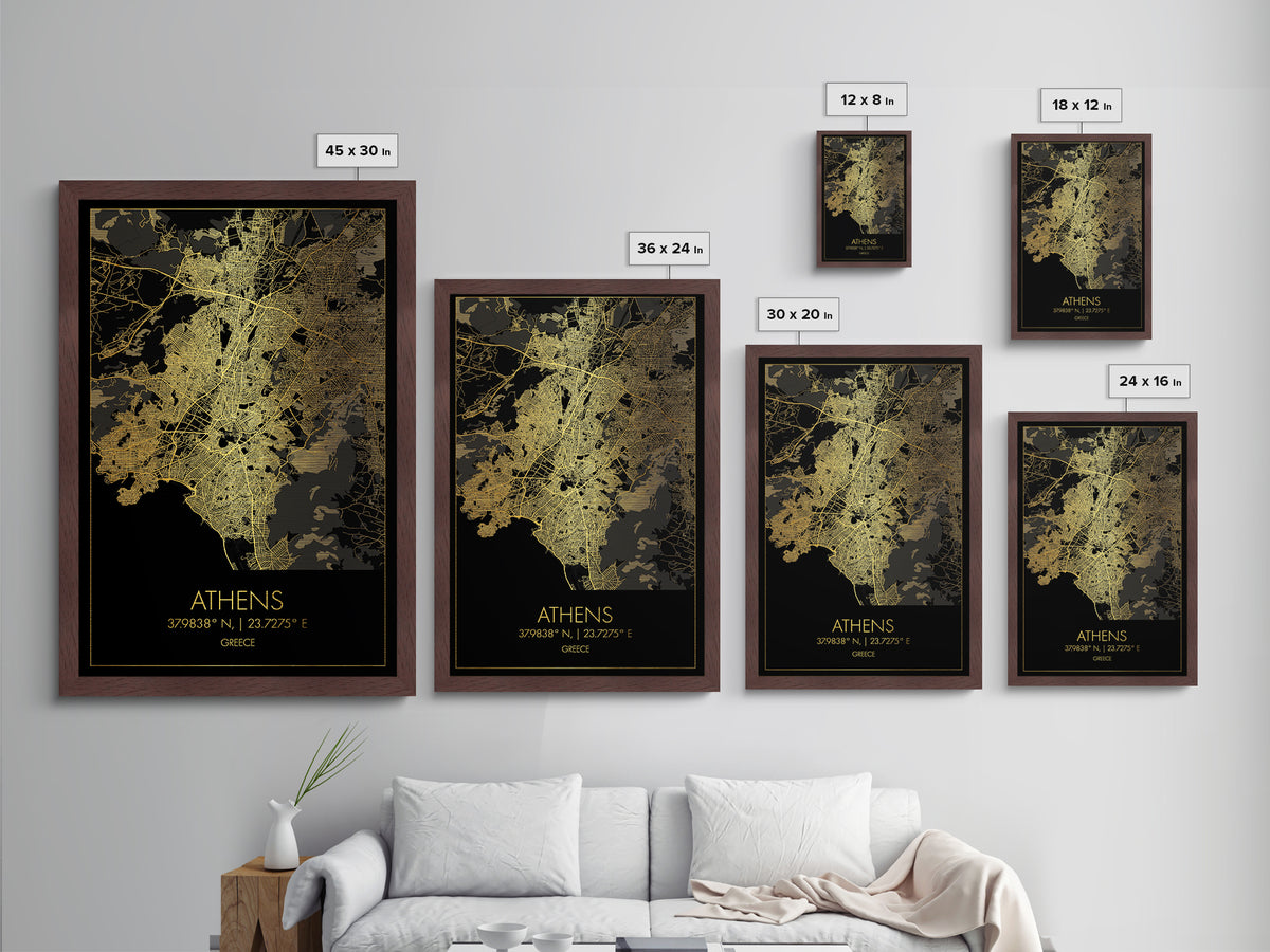 Athens Greece City street map, Metallic Gold Print, Metal Art, wood framed map, black and gold, Gold Street Map Art, Modern Wall Art