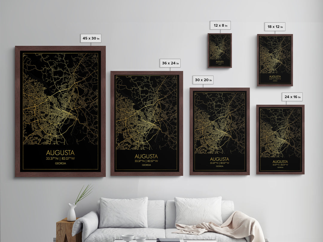 Augusta Georgia City street map, Metallic Gold Print, Metal Art, wood framed map, black and gold, Map Art, Housewarming Gift
