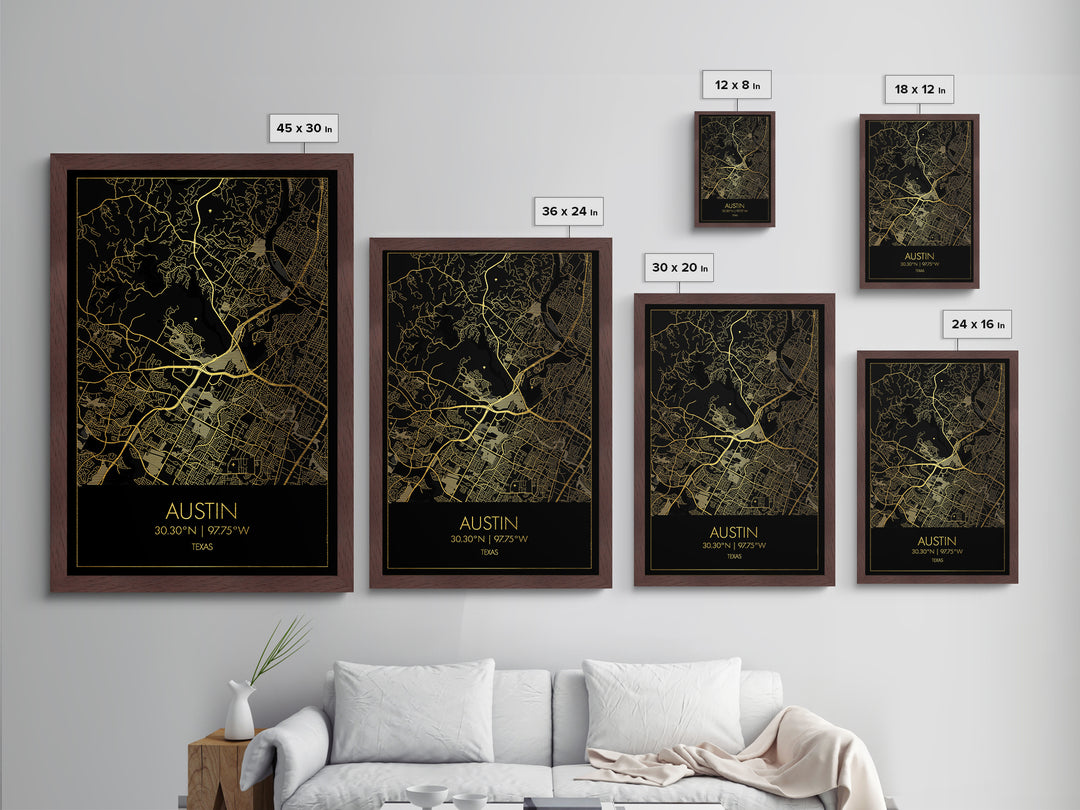 Austin Texas City Poster, Metallic Gold Art, Metal Art, real wood frames, black and gold, Street Map Art, Modern House Art