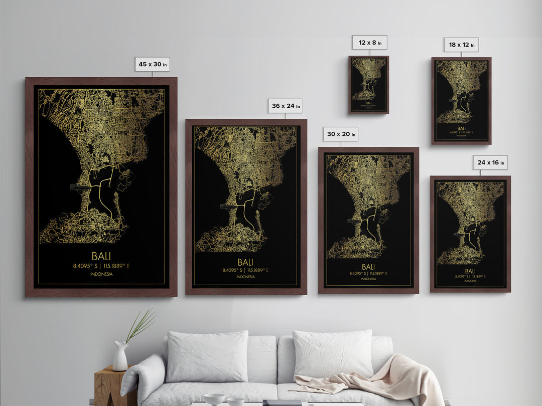 Bali Indonesia City Poster, Metallic Gold Art, Metal Art, real wood frames, black and gold, Map Art, Best Friend Gifts