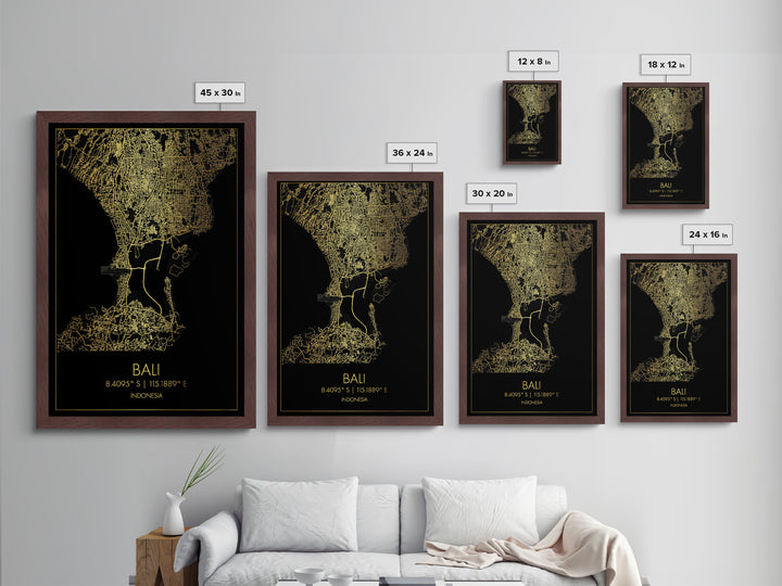 Bali Indonesia City Poster, Metallic Gold Art, Metal Art, real wood frames, black and gold, Map Art, Best Friend Gifts