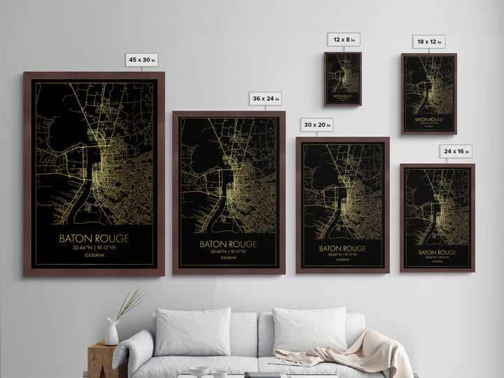 Baton Rouge Louisiana City Poster, Metallic Gold Art, Metal Art, real wood frames, black and gold, Map Art, Best Friend Gifts
