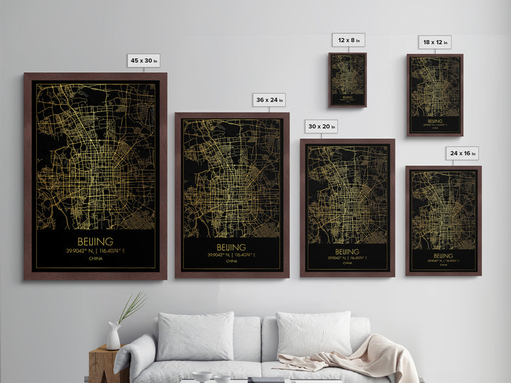 Beijing China City street map, Metallic Gold Print, Metal Art, wood framed map, black and gold, Gold Street Map Art, Modern Wall Art