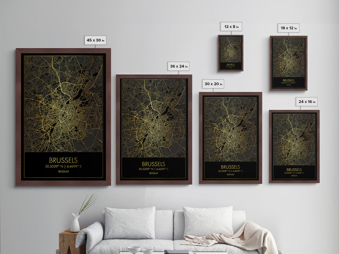 Brussels Belgium City Poster, Metallic Gold Art, Metal Art, real wood frames, black and gold, Map Art, Best Friend Gifts