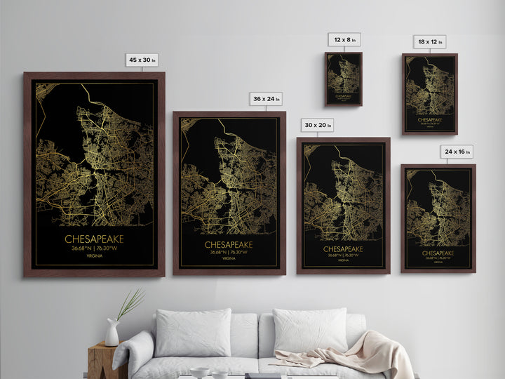 Chesapeake Virginia City Poster, Metallic Gold Art, Metal Art, real wood frames, black and gold, Map Art, Best Friend Gifts
