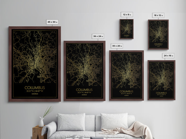 Columbus Georgia City Poster, Metallic Gold Art, Metal Art, real wood frames, black and gold, Minimalist Wall Art, Map Print Poster
