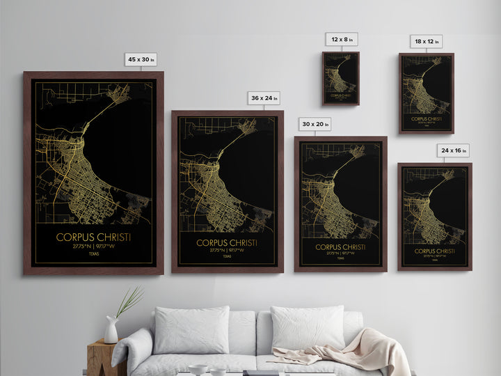 Corpus Christi Texas City street map, Metallic Gold Print, Metal Art, wood framed map, black and gold, Gold Street Map Art, Modern Wall Art