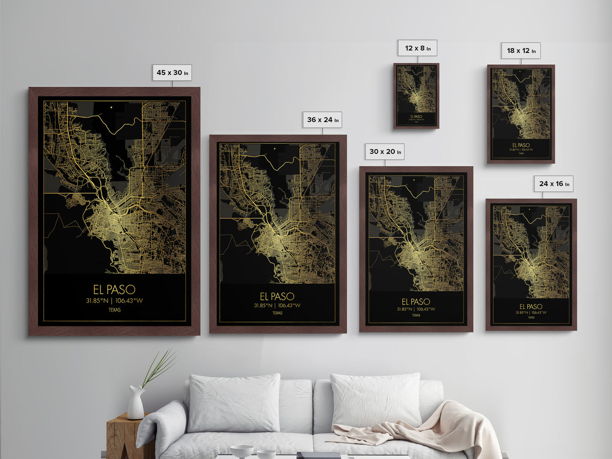 El Paso Texas City Poster, Metallic Gold Art, Metal Art, real wood frames, black and gold, Minimalist Wall Art, Map Print Poster