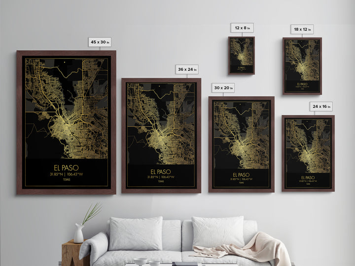 El Paso Texas City Poster, Metallic Gold Art, Metal Art, real wood frames, black and gold, Minimalist Wall Art, Map Print Poster
