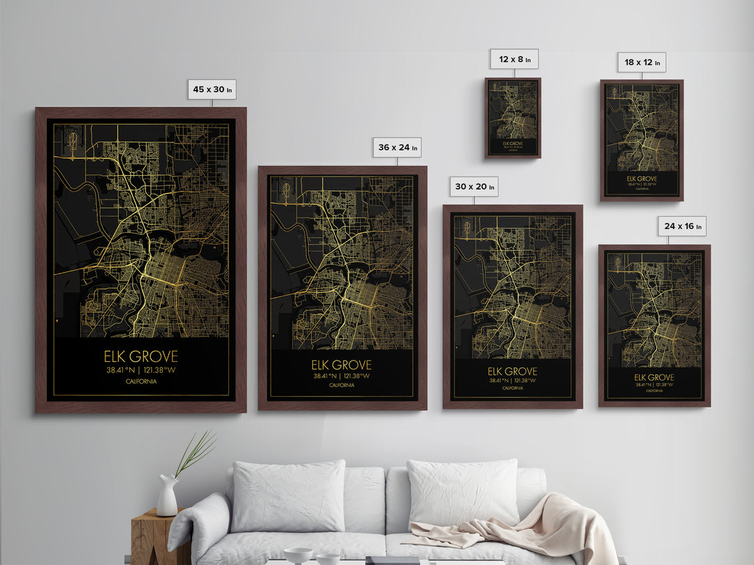 Elk Grove California City street map, Metallic Gold Print, Metal Art, wood framed map, black and gold, Gold Street Map Art, Modern Wall Art