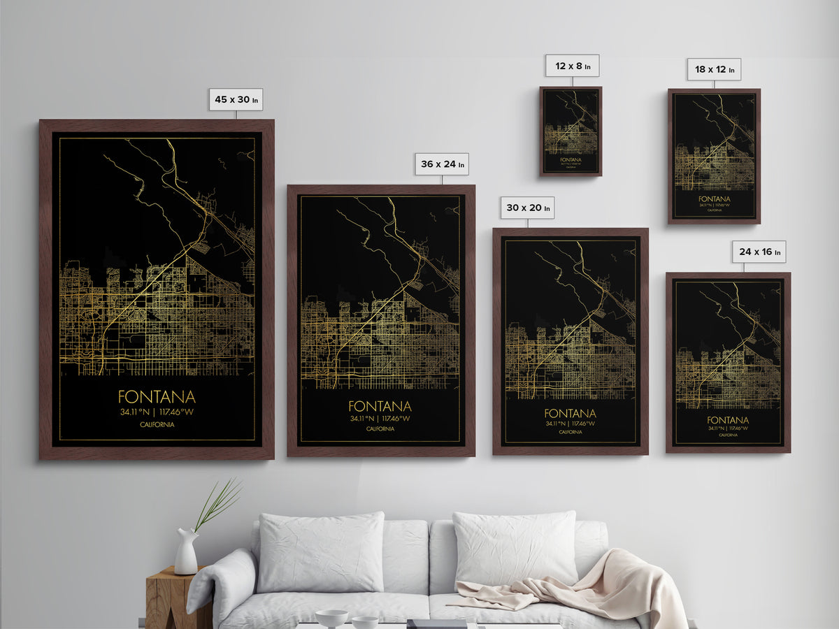 Fontana California City street map, Metallic Gold Print, Metal Art, wood framed map, black and gold, Gold Street Map Art, Modern Wall Art