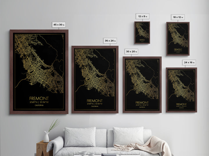 Fremont California City street map, Metallic Gold Print, Metal Art, wood framed map, black and gold, Gold Street Map Art, Modern Wall Art