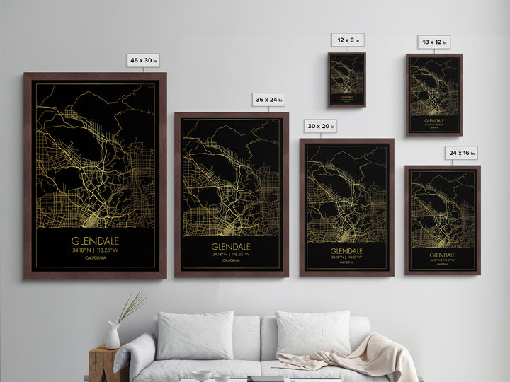 Glendale California City Poster, Metallic Gold Art, Metal Art, real wood frames, black and gold, Map Art, Best Friend Gifts