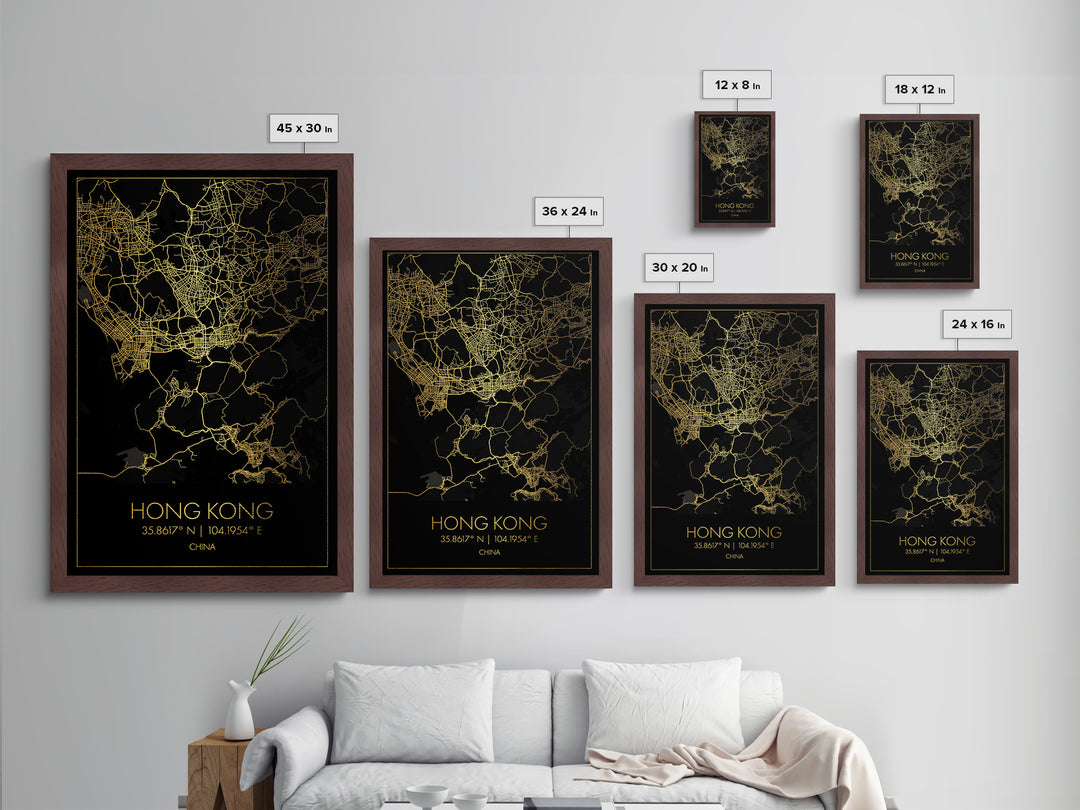 Hong Kong China City street map, Metallic Gold Print, Metal Art, wood framed map, black and gold, Gold Street Map Art, Modern Wall Art