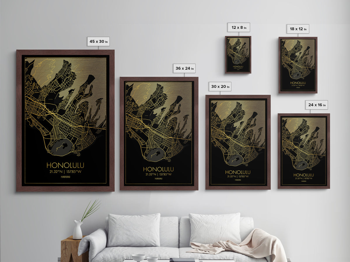 Honolulu Hawaii City Poster, Metallic Gold Art, Metal Art, real wood frames, black and gold, Minimalist Wall Art, Map Print Poster