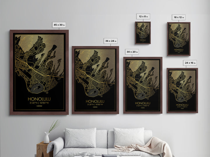 Honolulu Hawaii City Poster, Metallic Gold Art, Metal Art, real wood frames, black and gold, Minimalist Wall Art, Map Print Poster