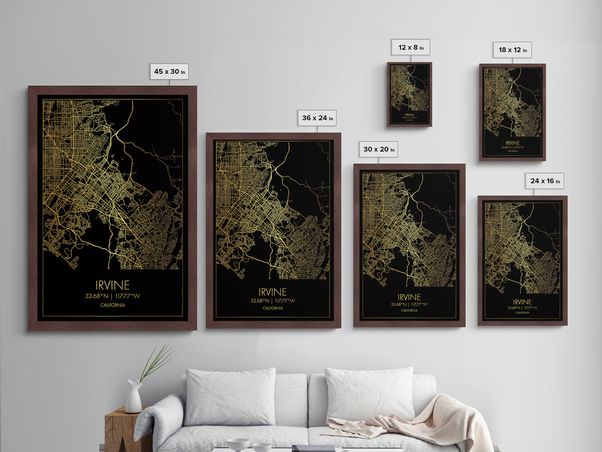 Irvine California City street map, Metallic Gold Print, Metal Art, wood framed map, black and gold, Street Map Art, Office Decor