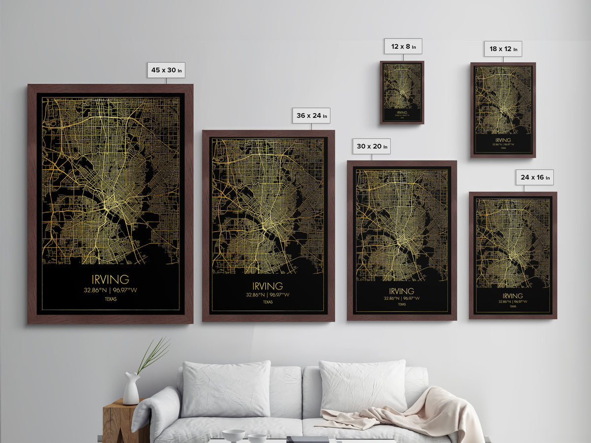 Irving Texas City Poster, Metallic Gold Art, Metal Art, real wood frames, black and gold, Map Art, Best Friend Gifts