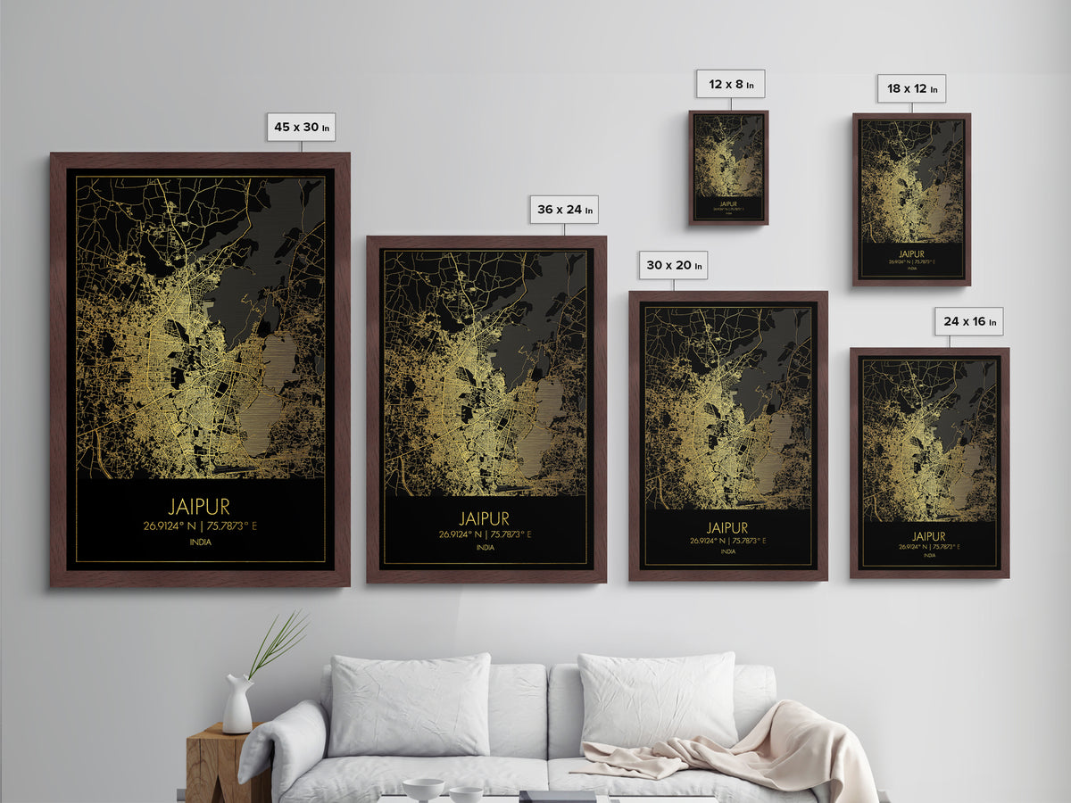 Jaipur India City street map, Metallic Gold Print, Metal Art, wood framed map, black and gold, Gold Street Map Art, Modern Wall Art