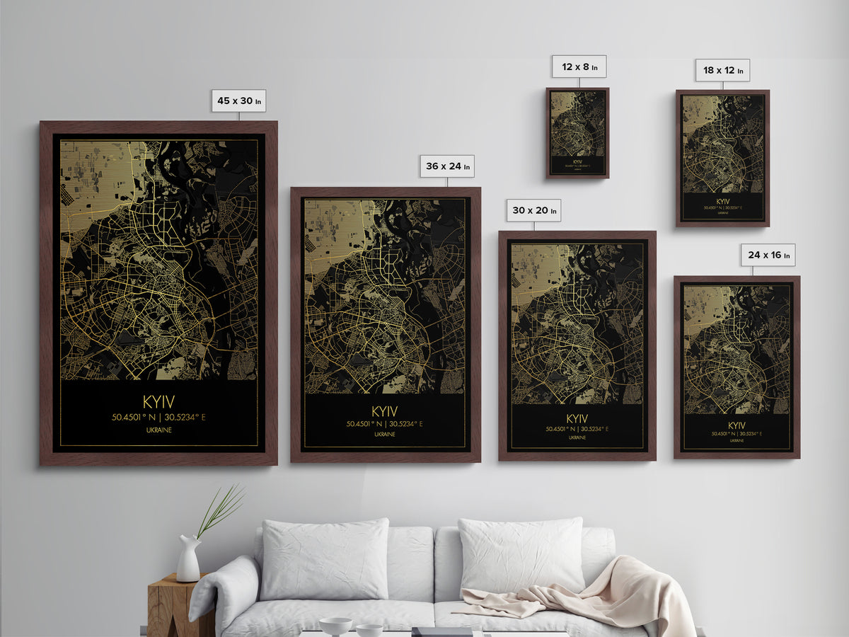 Kyiv Ukraine City street map, Metallic Gold Print, Metal Art, wood framed map, black and gold, Gold Street Map Art, Modern Wall Art